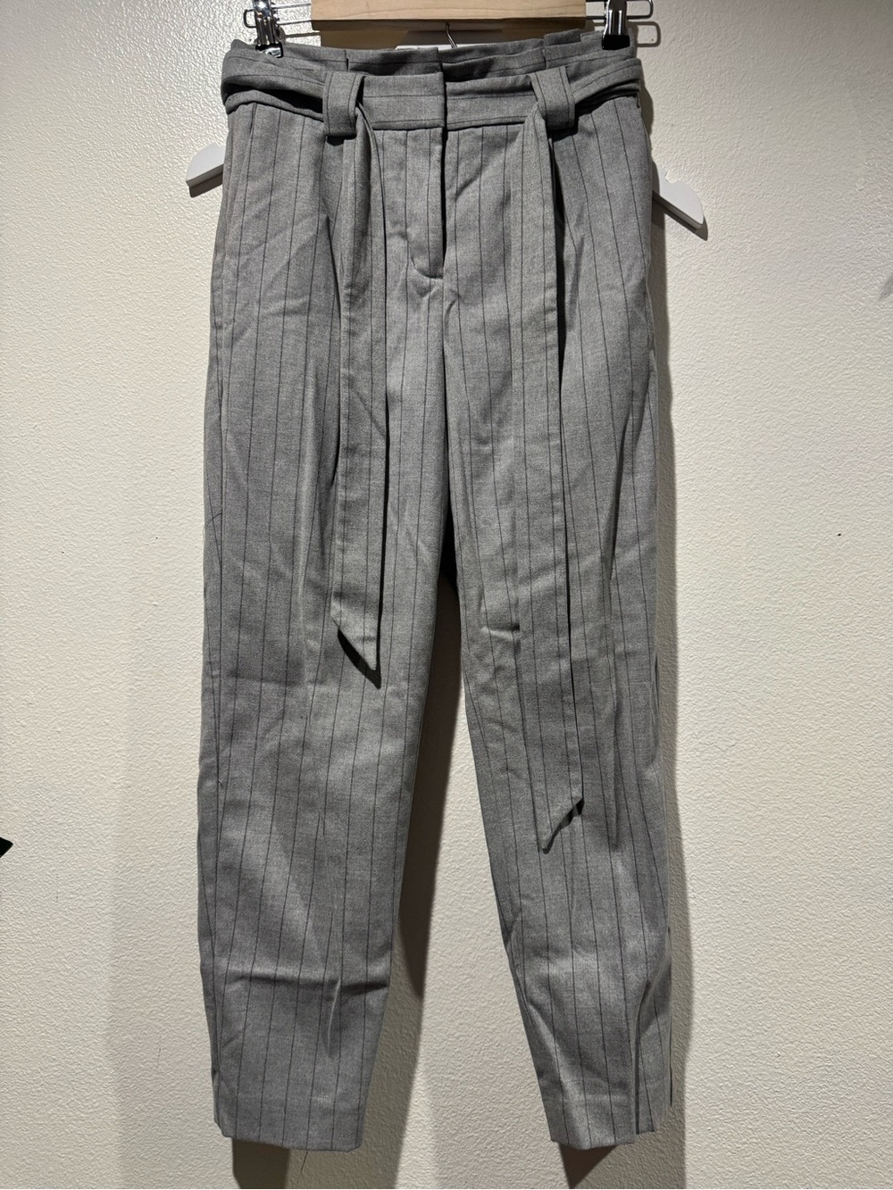 Express Gray Pinstripe Belted Tapered Dress Pants